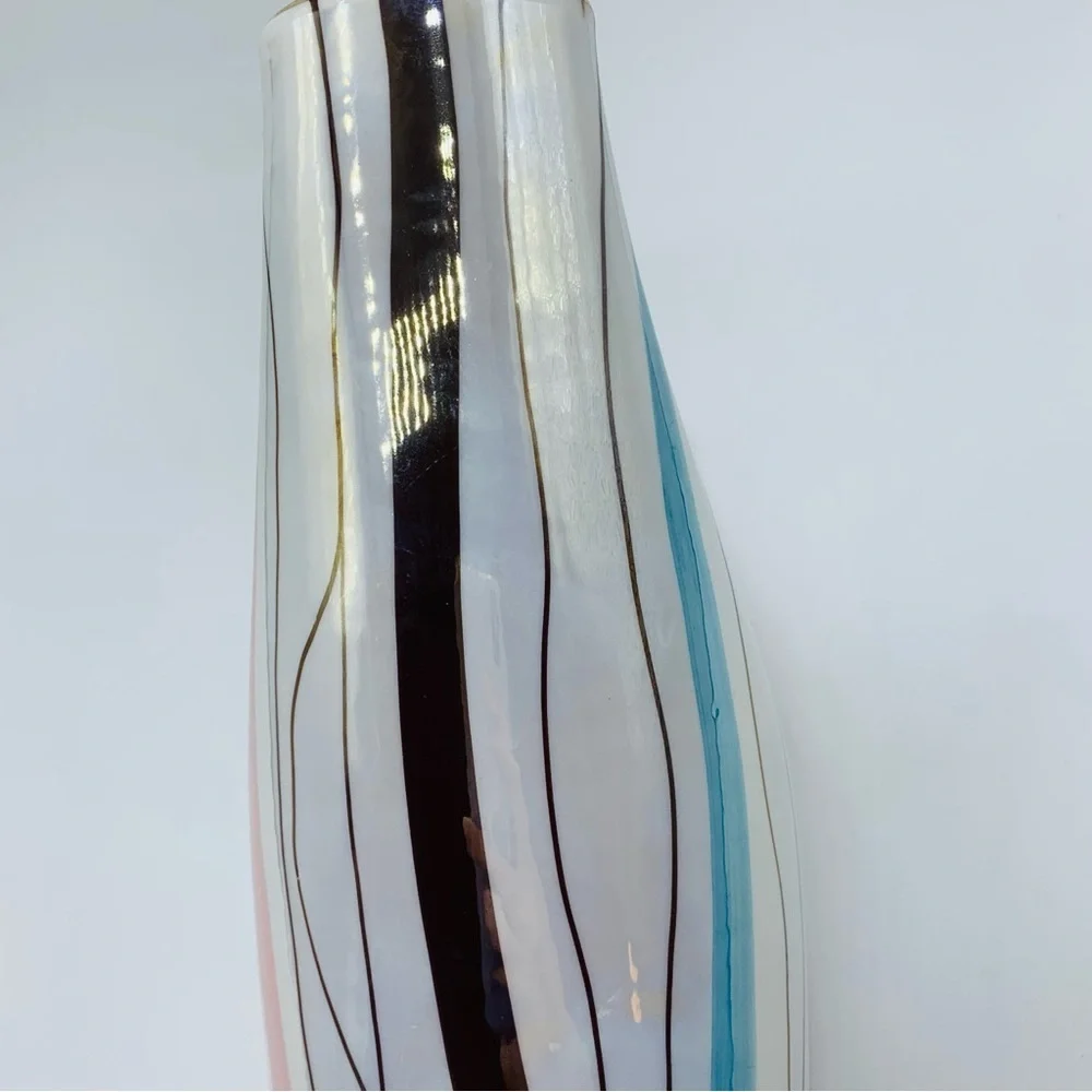 Vintage MCM Italian Iridescent Striped Vase with Gold Trim – 8.5”